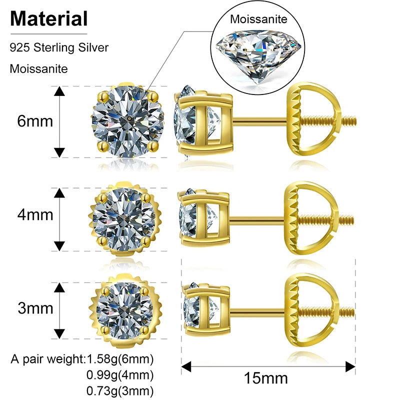 Classic Round Moissanite Earrings in 925 Sterling Silver for Unisex Fashion