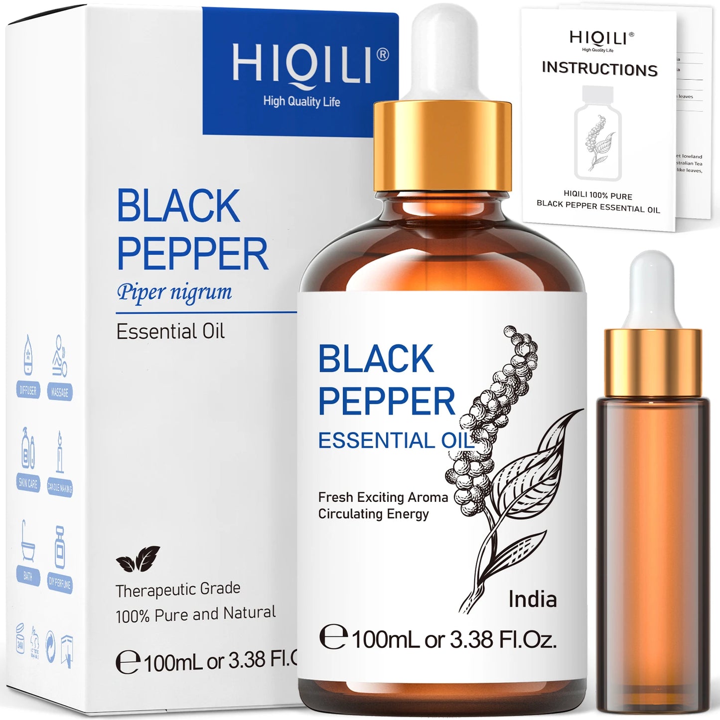 HIQILI 100ML Black Pepper Essential Oil 100 Percent Pure for Diffusers and Candles