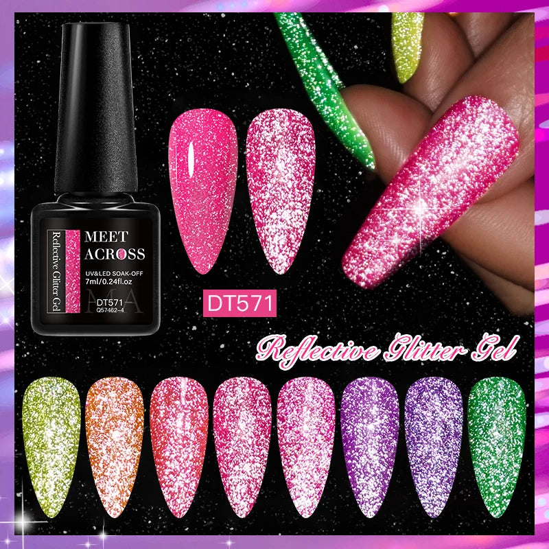Meet Across 7ml Pink Fluorescent Reflective Gel Nail Polish Glitter Neon Varnish