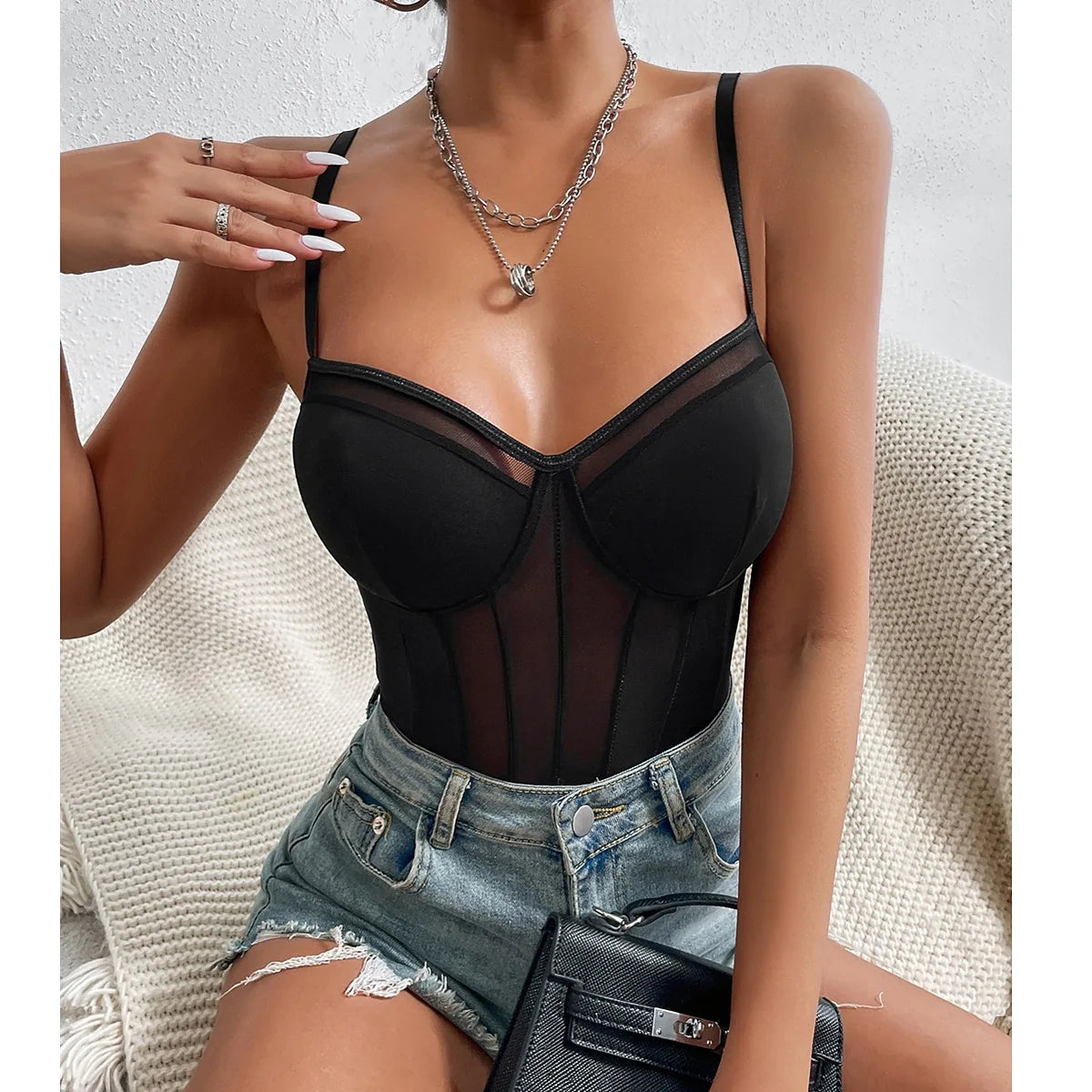 Sexy Deep V-Neck Women's Bodysuit with Adjustable Straps and Soft Padded Bra