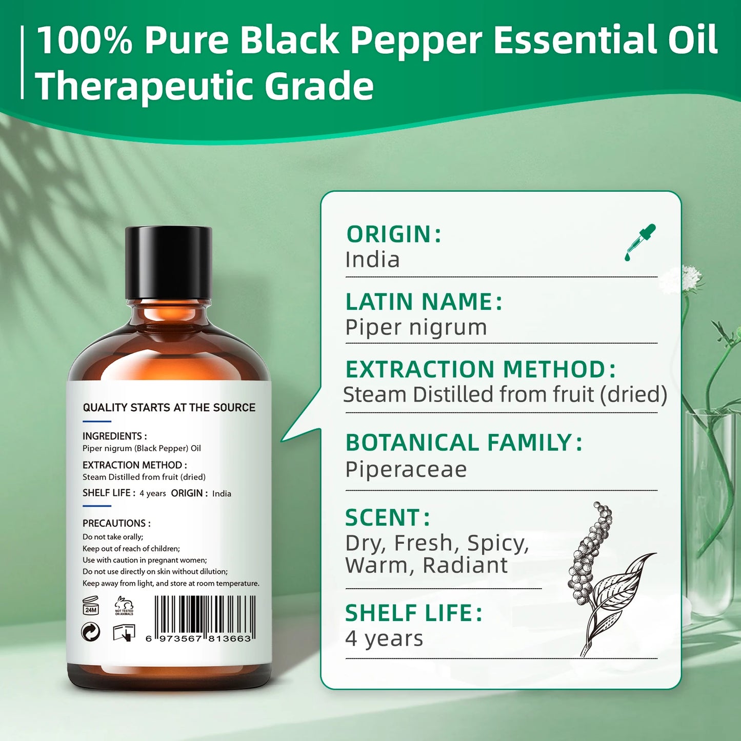 HIQILI 100ML Black Pepper Essential Oil 100 Percent Pure for Diffusers and Candles