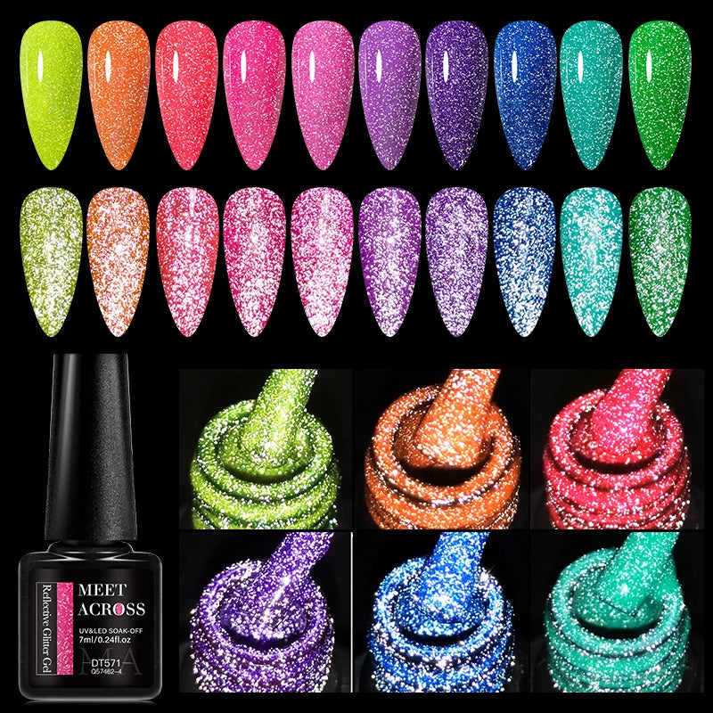 Meet Across 7ml Pink Fluorescent Reflective Gel Nail Polish Glitter Neon Varnish