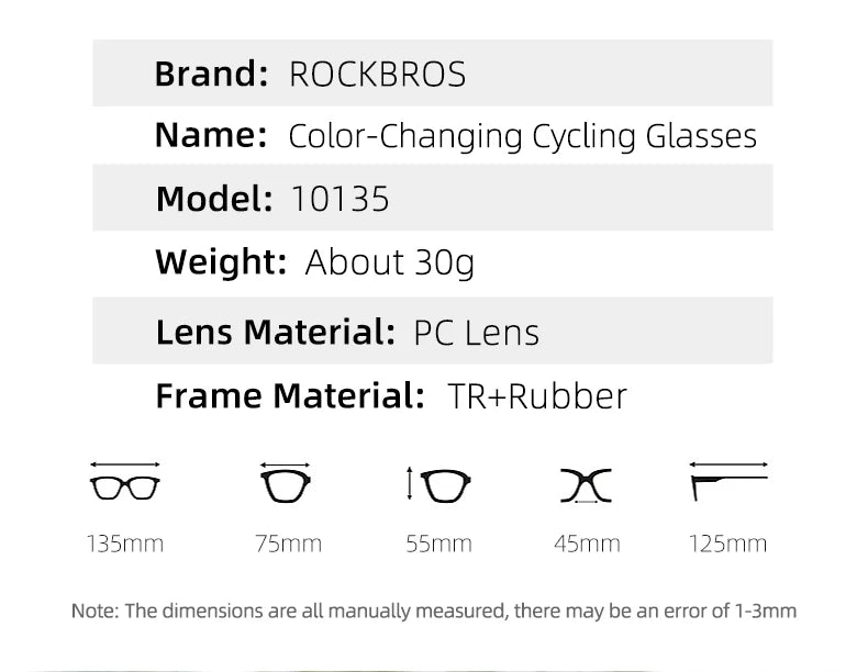 Rockbros Photochromic Cycling Glasses UV400 Protection for MTB and Road Bike