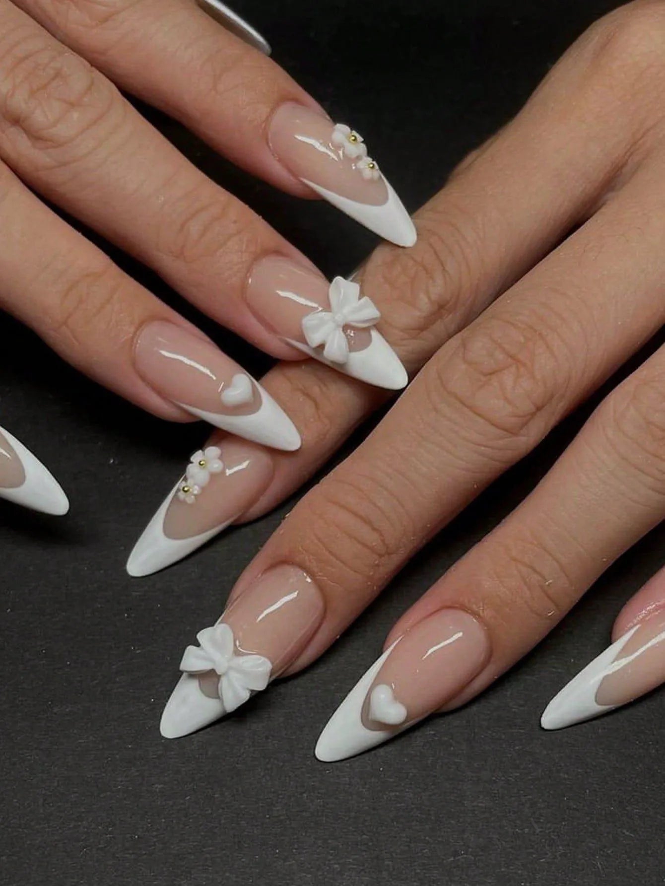 Artaug 24PCS Medium Press On Nails Stiletto Pink Bowknot French Trim Set