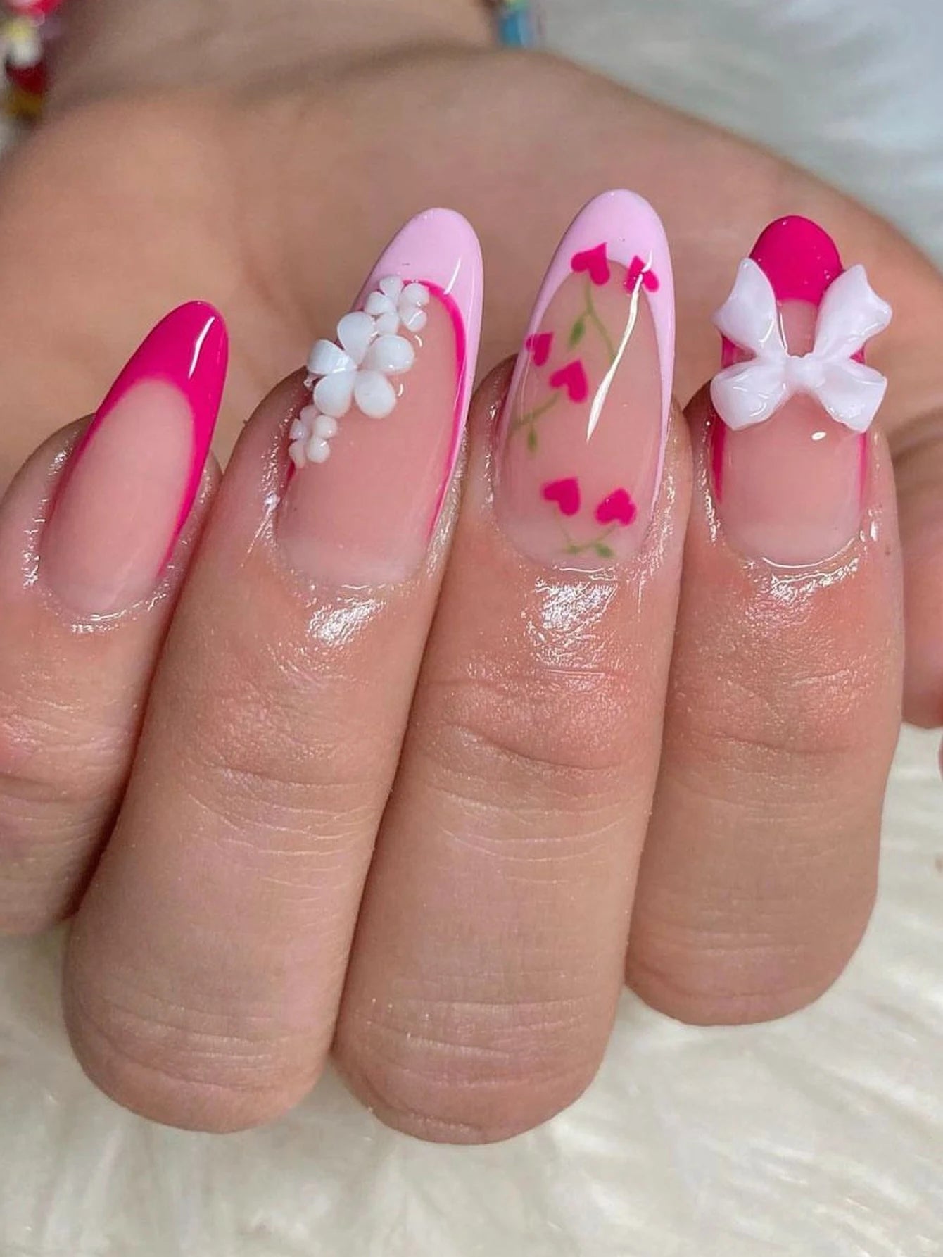 Artaug 24PCS Medium Press On Nails Stiletto Pink Bowknot French Trim Set