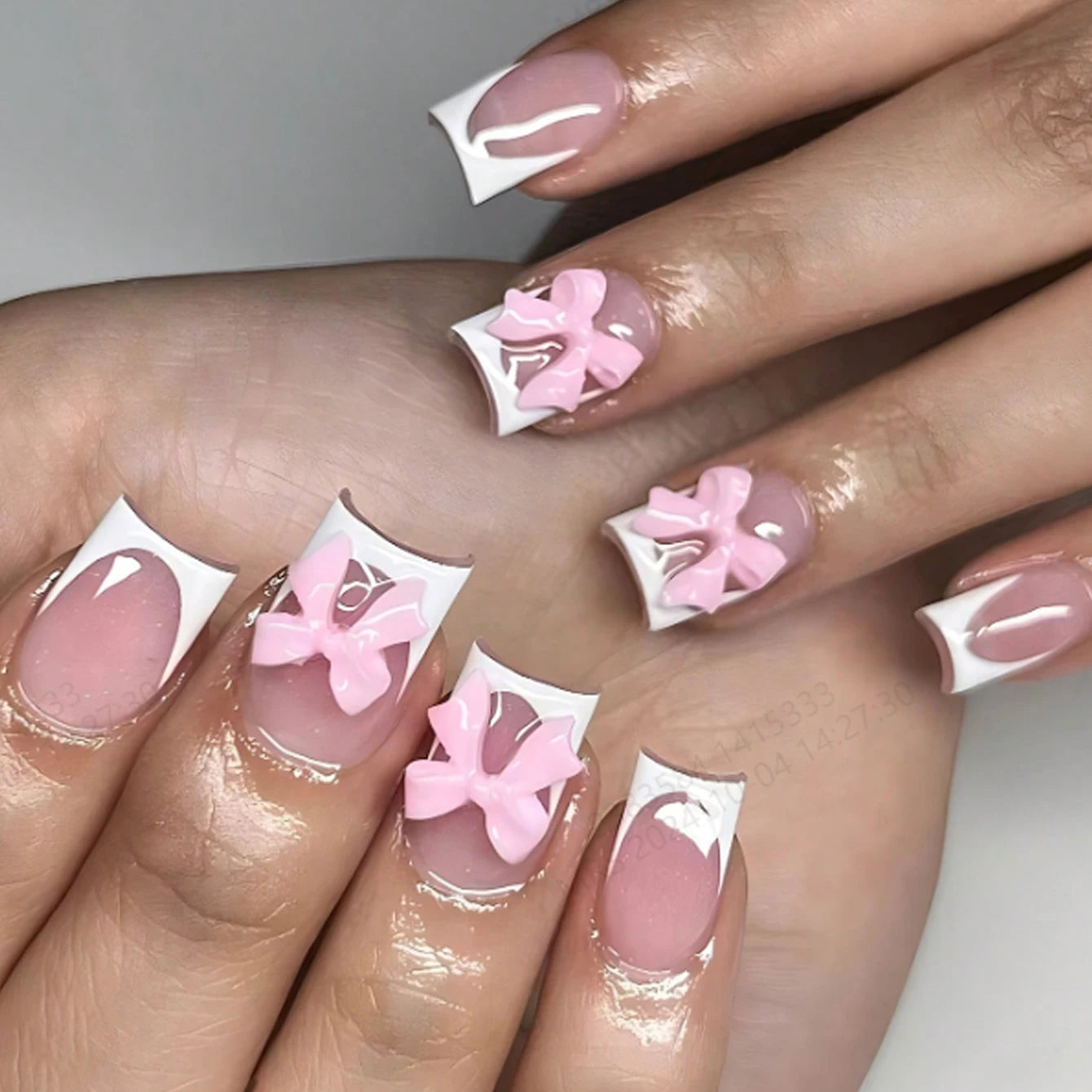 Artaug 24PCS Medium Press On Nails Stiletto Pink Bowknot French Trim Set