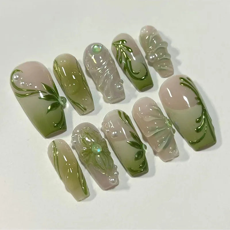 24Pcs Peach Blossom Press On Nails Cat's Eye Nude Glitter for Women and Girls