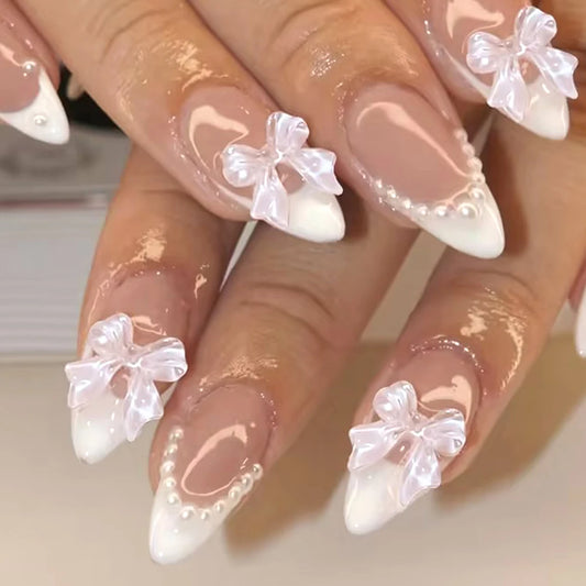 Artaug 24PCS Medium Press On Nails Stiletto Pink Bowknot French Trim Set