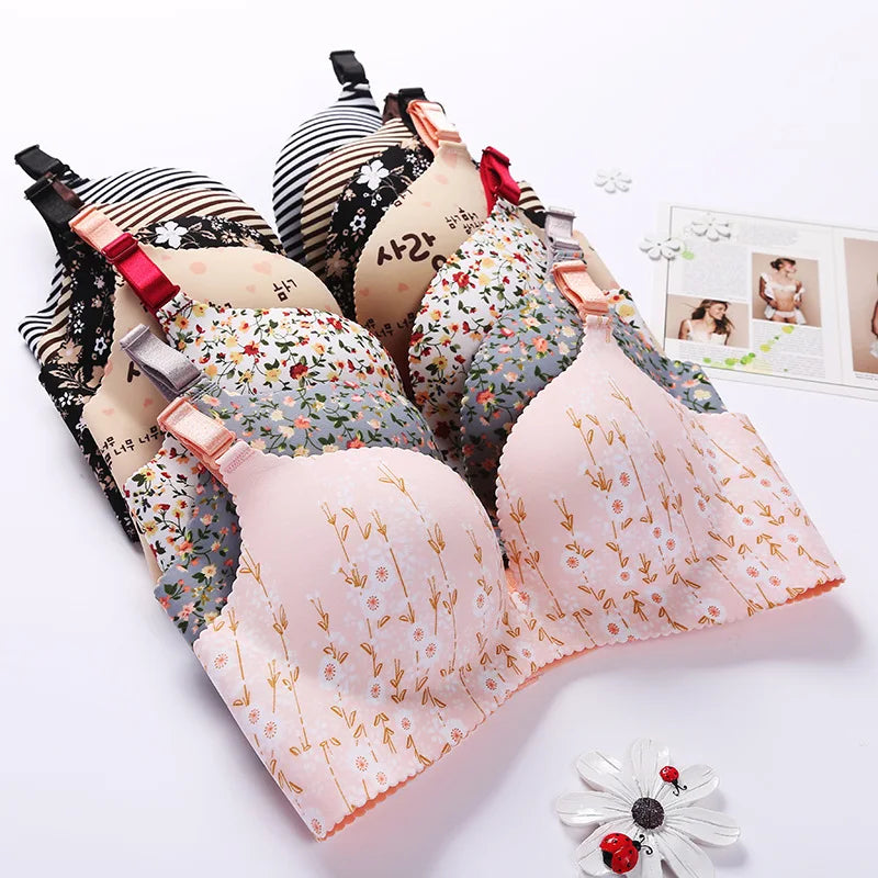 Women Floral Print Seamless Push Up Bra Wire Free Lingerie for All Seasons