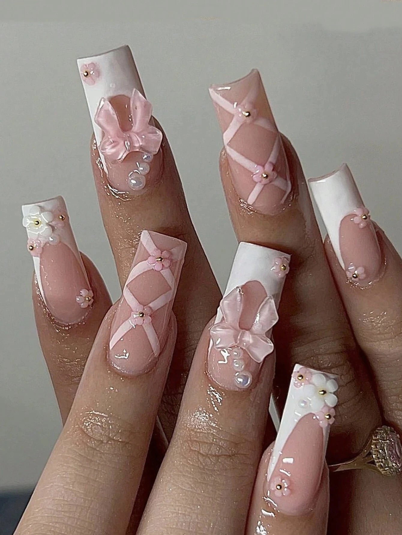 Artaug 24PCS Medium Press On Nails Stiletto Pink Bowknot French Trim Set