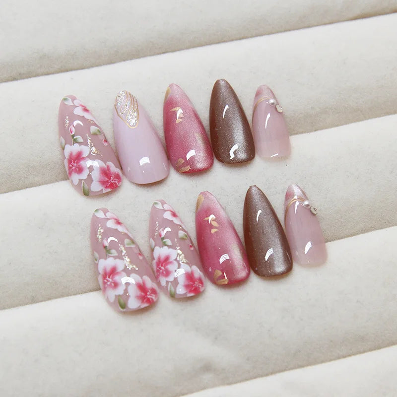 24Pcs Peach Blossom Press On Nails Cat's Eye Nude Glitter for Women and Girls
