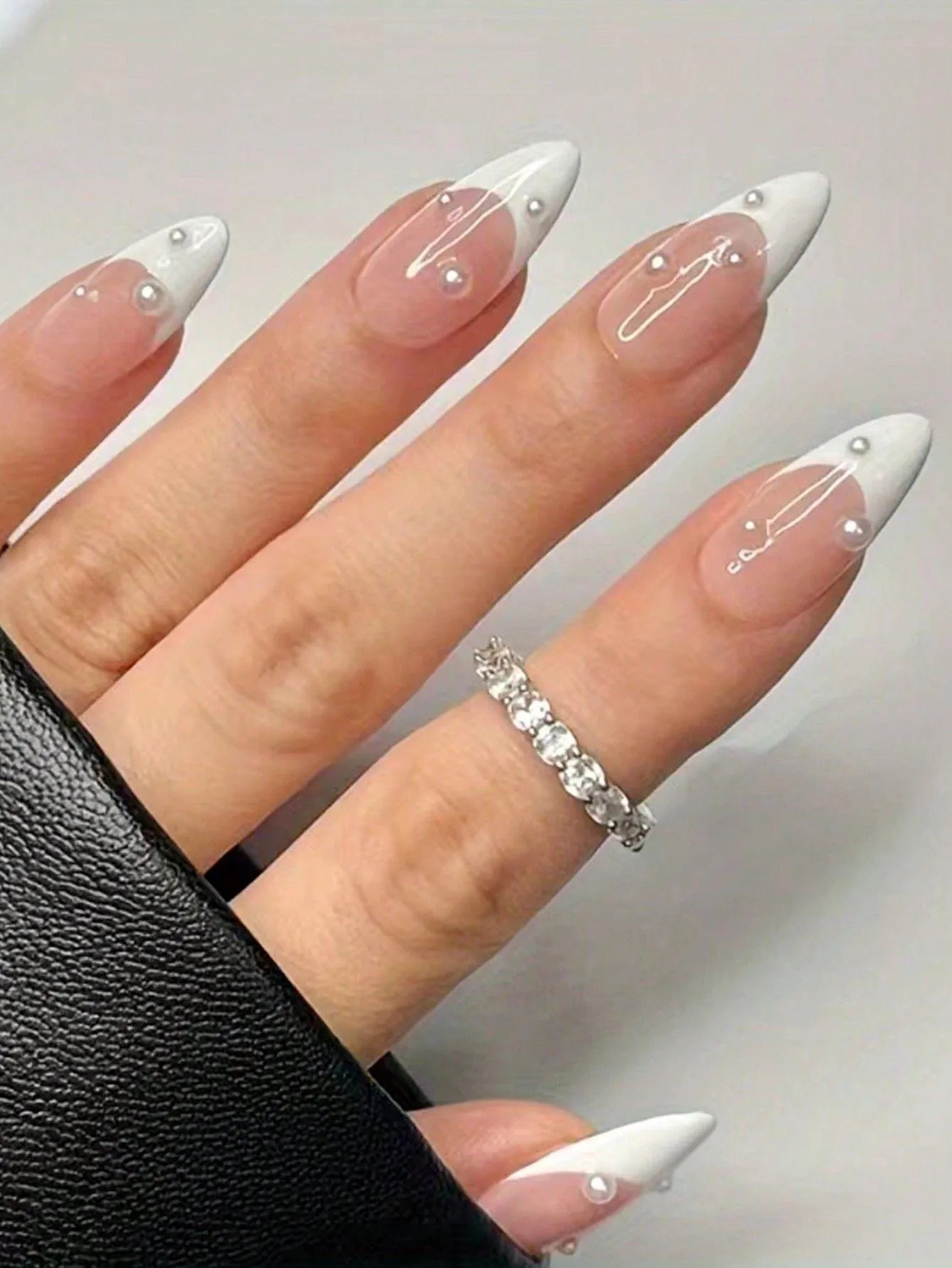 Artaug 24PCS Medium Press On Nails Stiletto Pink Bowknot French Trim Set