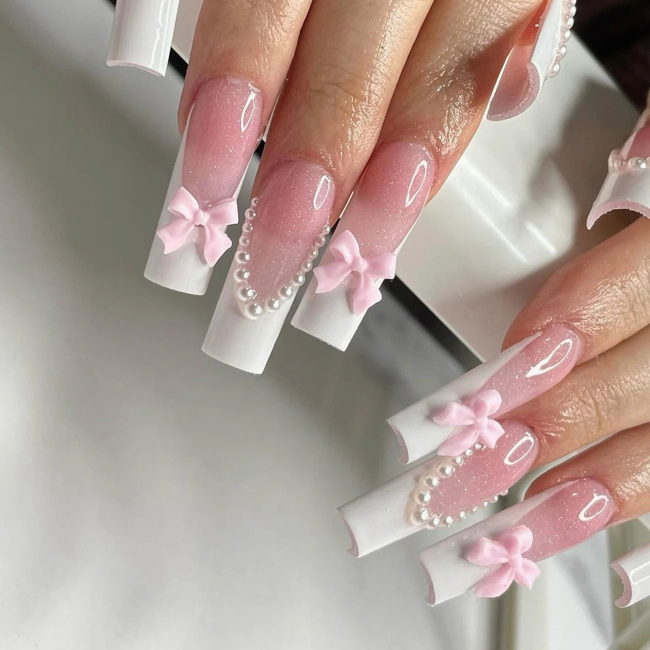 Artaug 24PCS Medium Press On Nails Stiletto Pink Bowknot French Trim Set