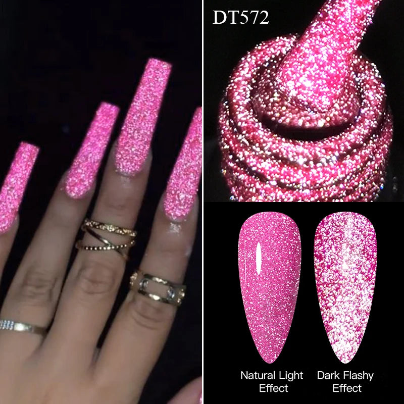 Meet Across 7ml Pink Fluorescent Reflective Gel Nail Polish Glitter Neon Varnish
