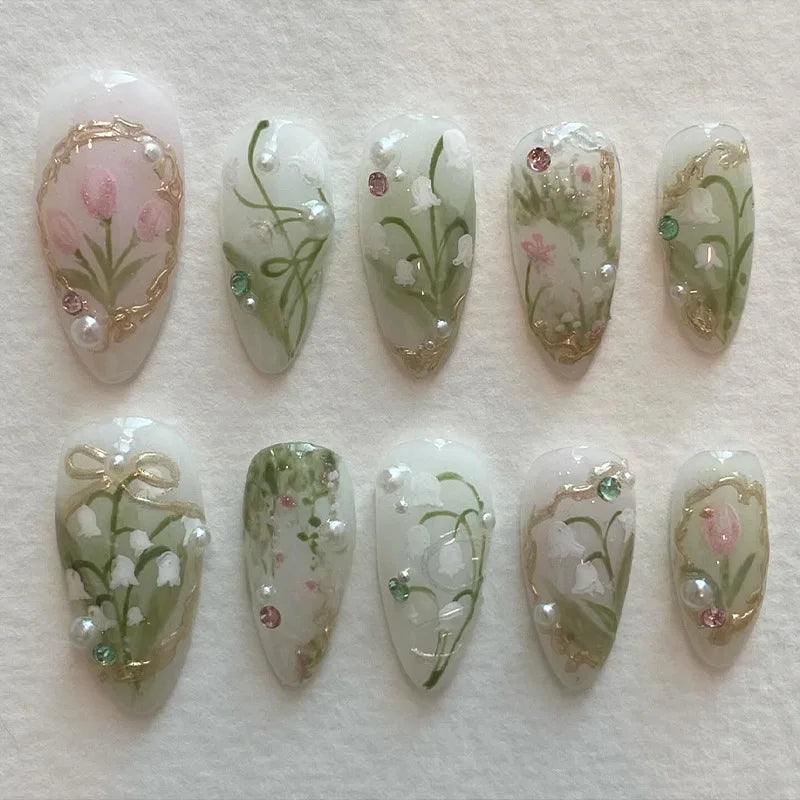 24Pcs Peach Blossom Press On Nails Cat's Eye Nude Glitter for Women and Girls