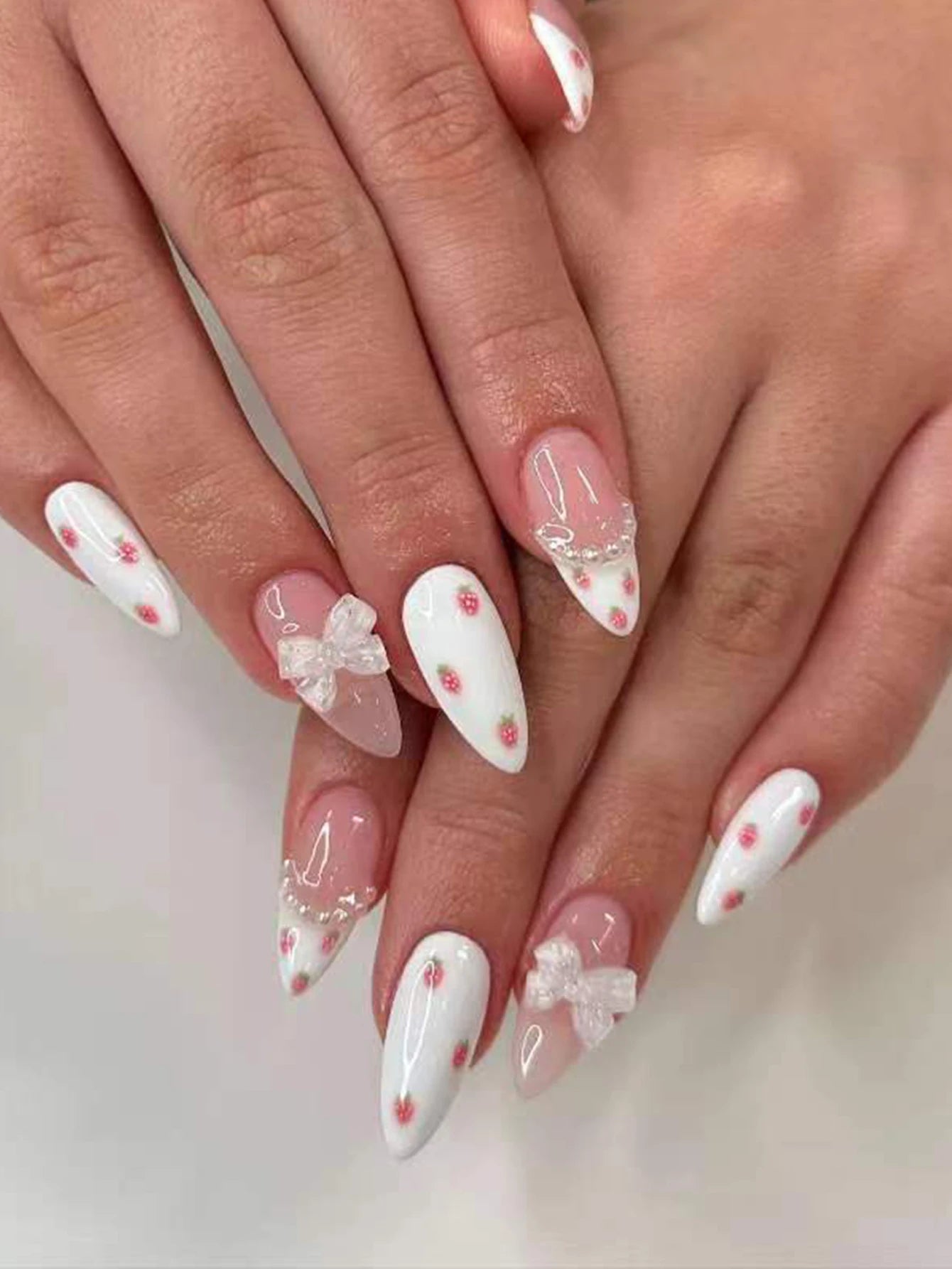 Artaug 24PCS Medium Press On Nails Stiletto Pink Bowknot French Trim Set