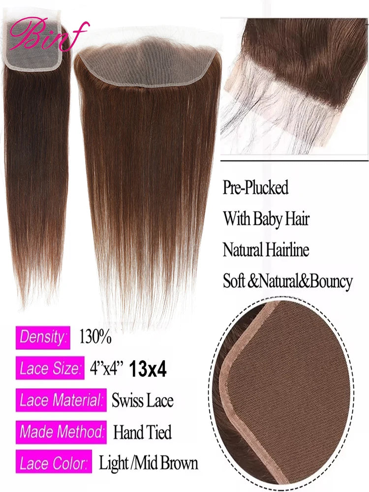 Wholesale Brown Straight Human Hair Bundles With HD Lace Closure