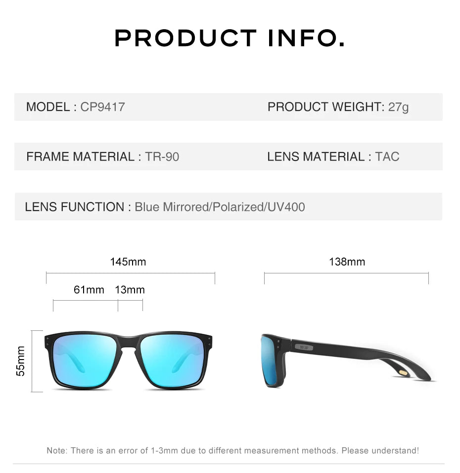 CaponI Blue Mirror Polarized Sunglasses for Men Vintage Square Frame Eyewear