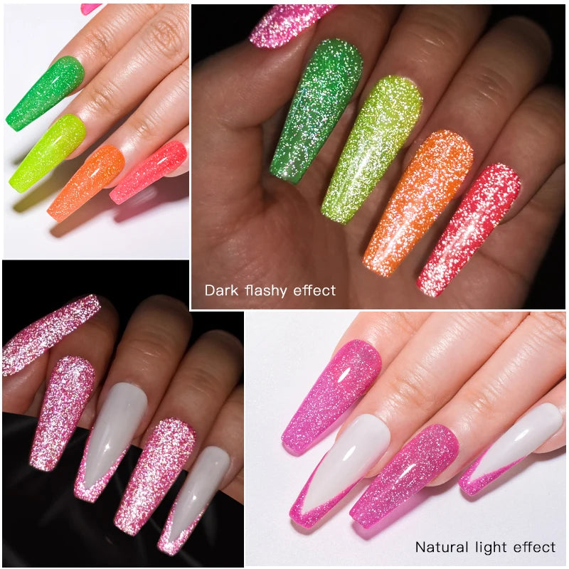 Meet Across 7ml Pink Fluorescent Reflective Gel Nail Polish Glitter Neon Varnish