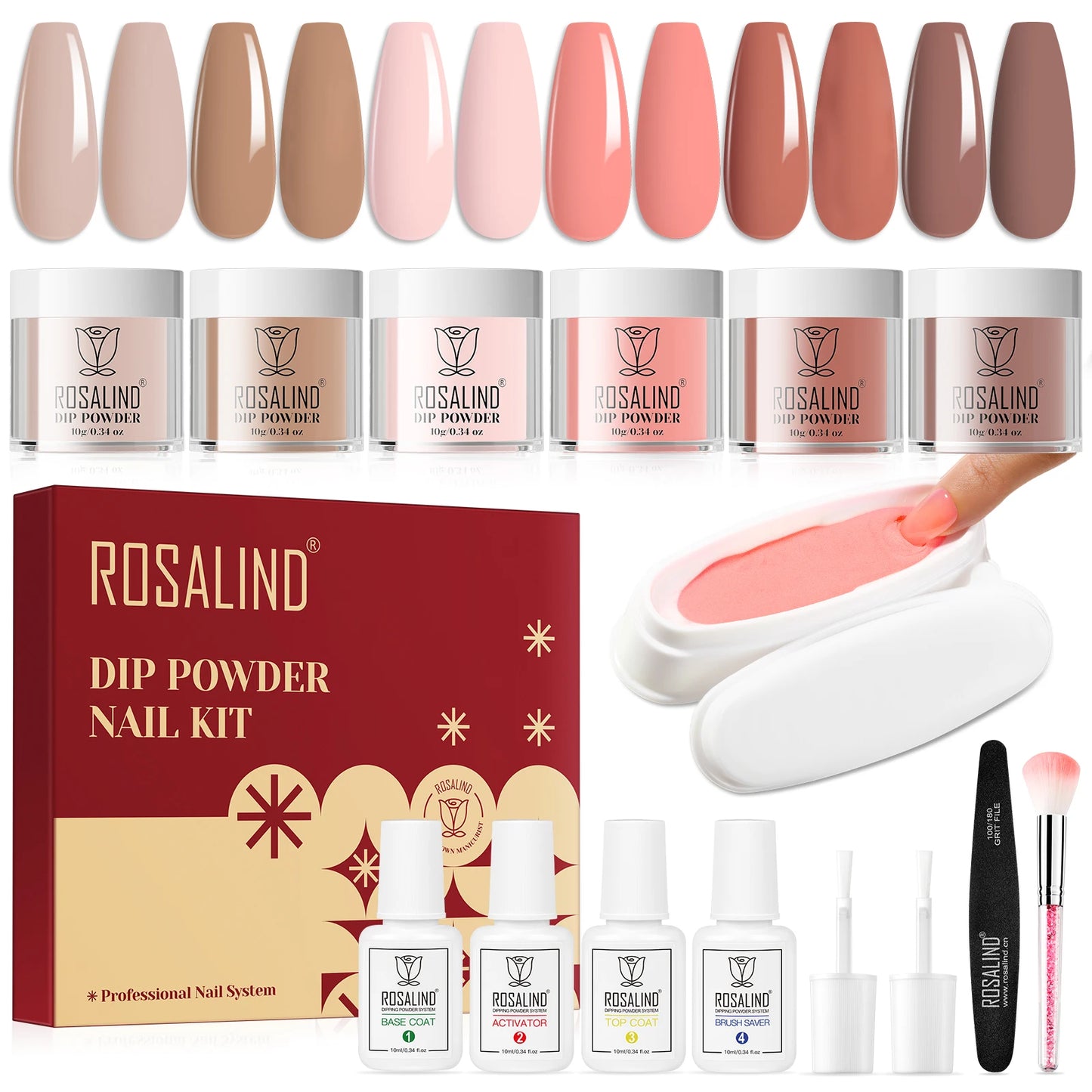 Rosalind 6 Colors Dip Powder Nail Kit With Base And Top Liquid Set For Dip Nails Starter Kit