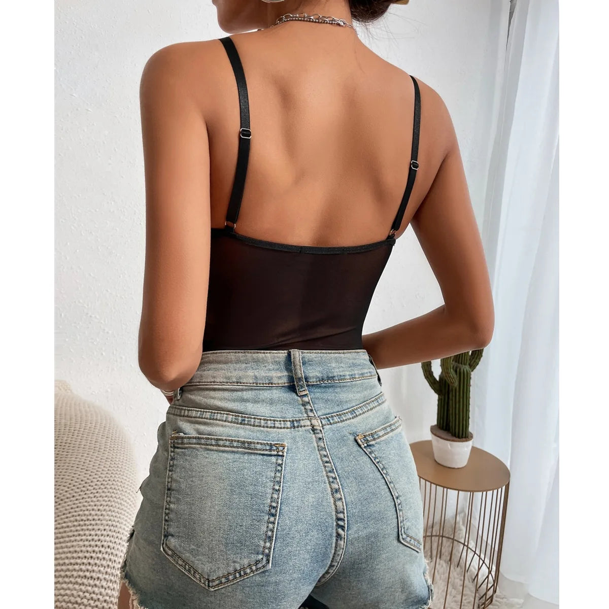 Sexy Deep V-Neck Women's Bodysuit with Adjustable Straps and Soft Padded Bra