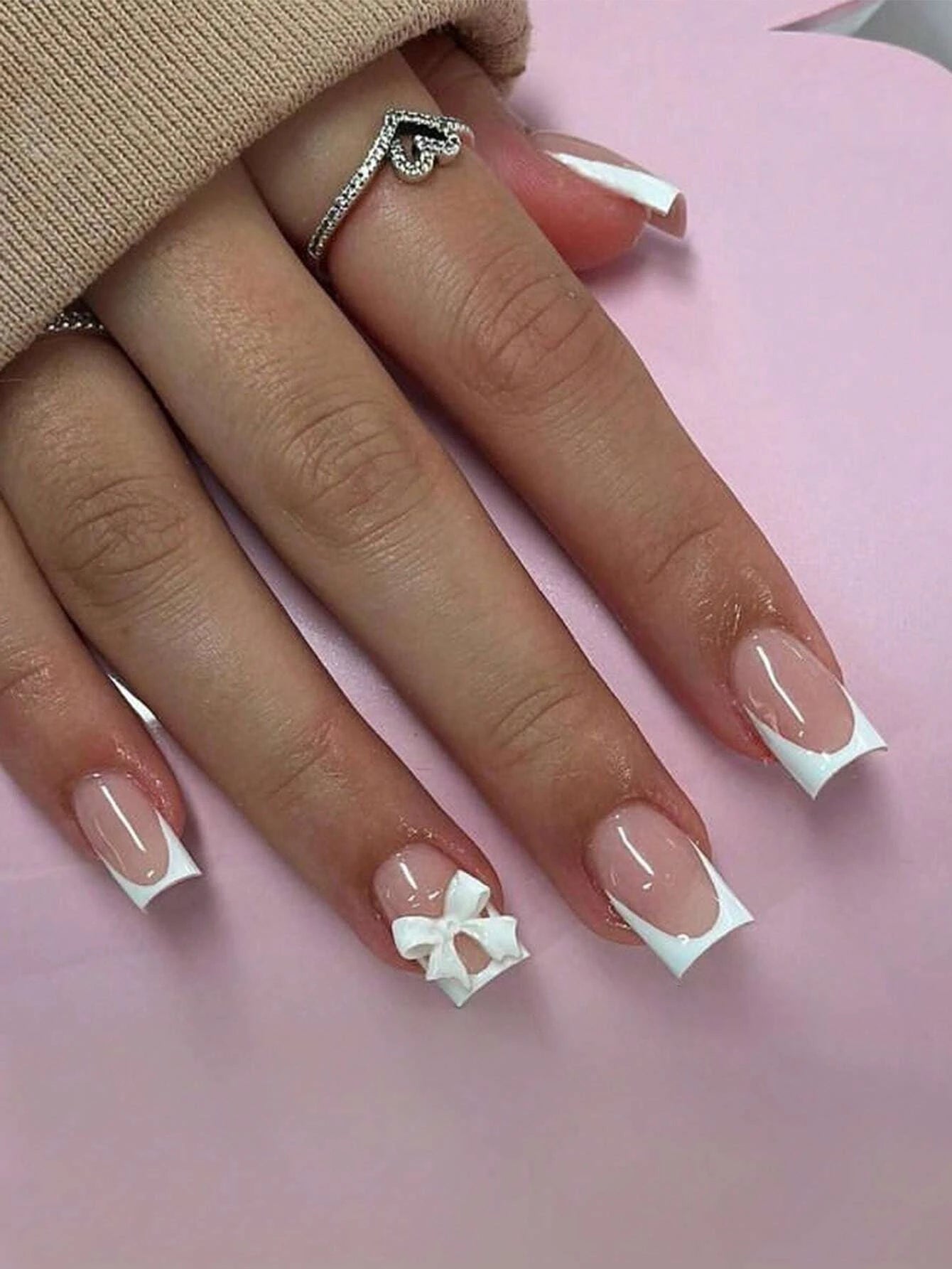 Artaug 24PCS Medium Press On Nails Stiletto Pink Bowknot French Trim Set