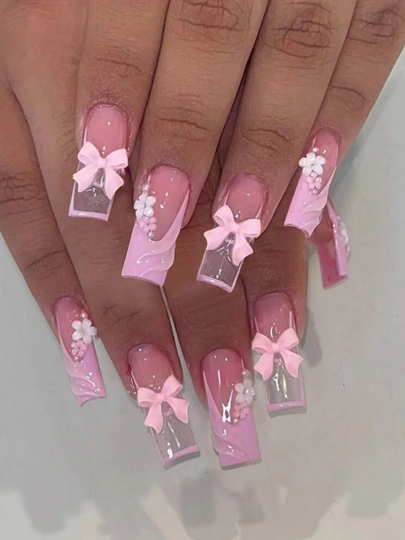 Artaug 24PCS Medium Press On Nails Stiletto Pink Bowknot French Trim Set