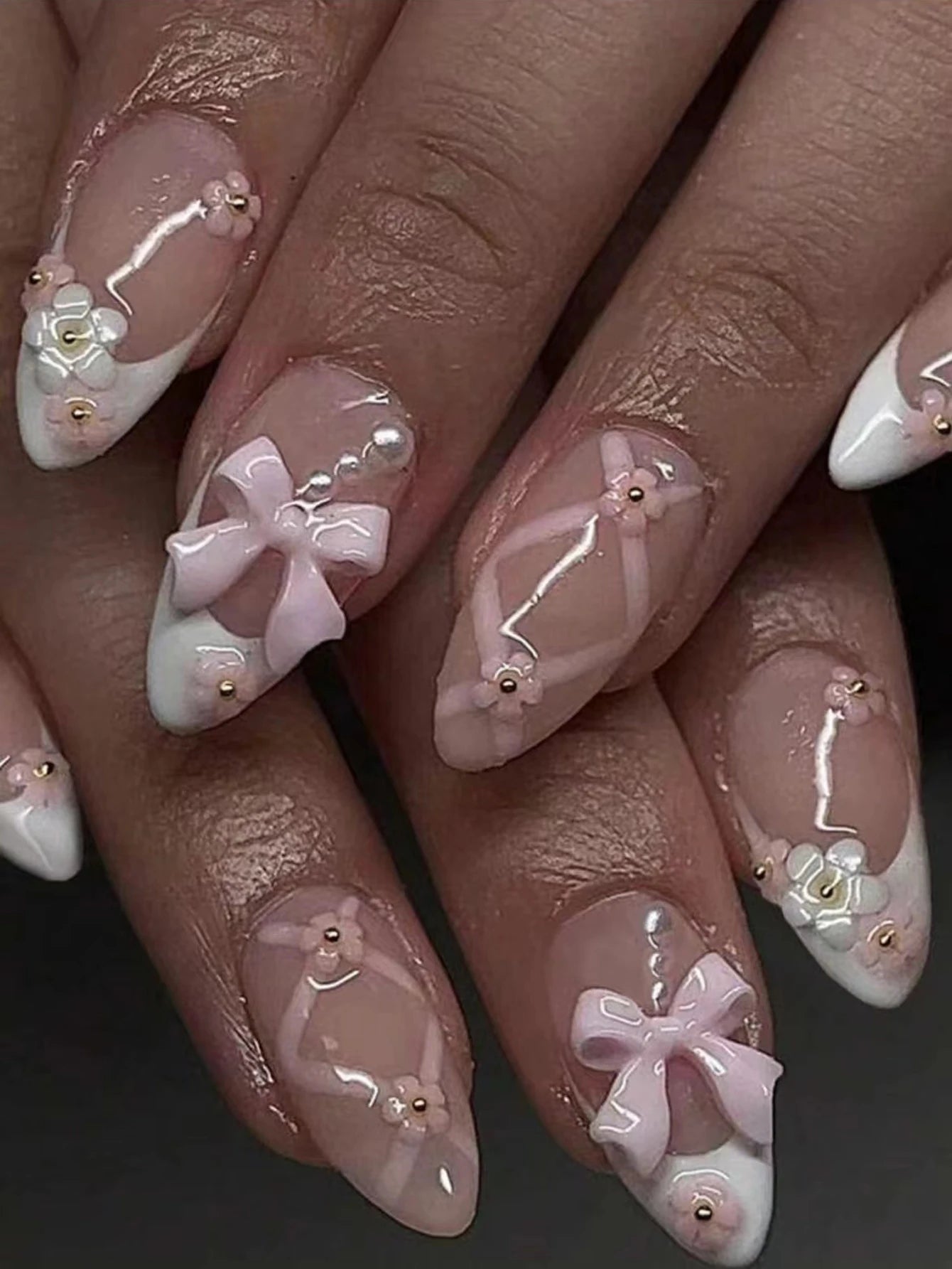 Artaug 24PCS Medium Press On Nails Stiletto Pink Bowknot French Trim Set