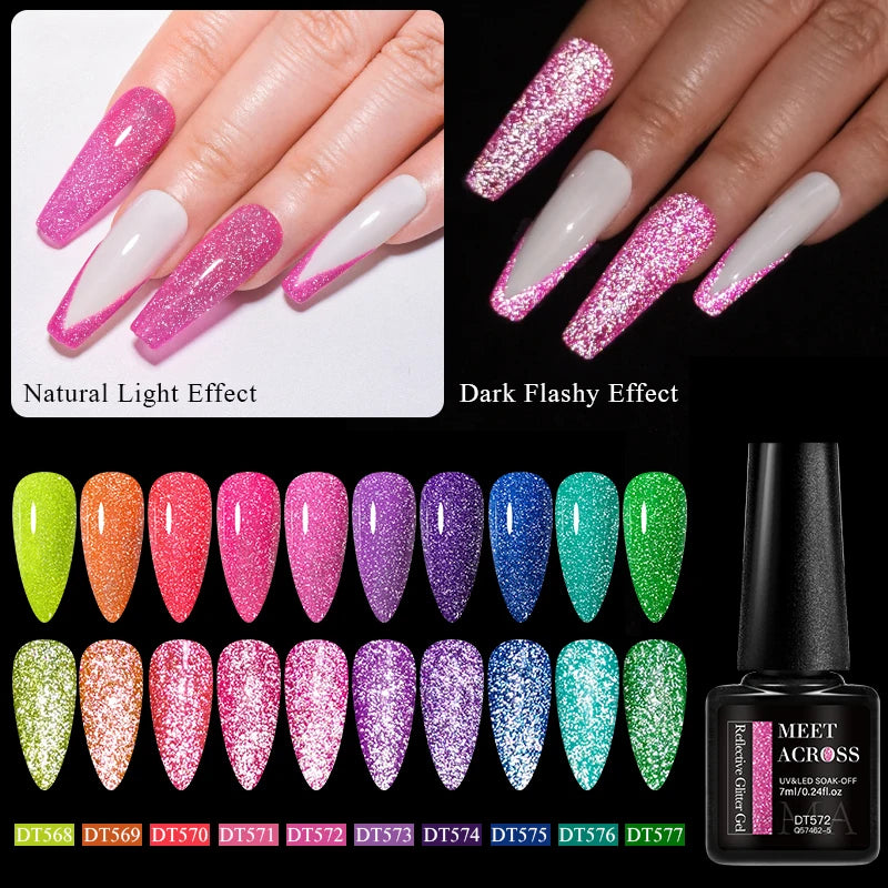 Meet Across 7ml Pink Fluorescent Reflective Gel Nail Polish Glitter Neon Varnish