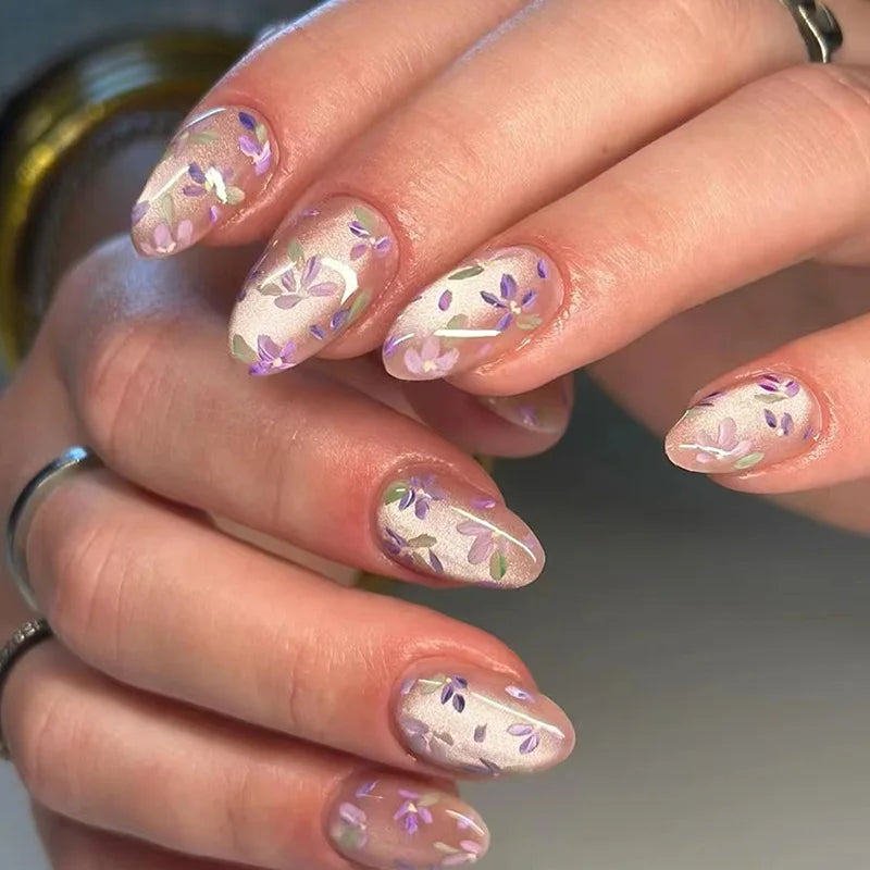 24Pcs Peach Blossom Press On Nails Cat's Eye Nude Glitter for Women and Girls
