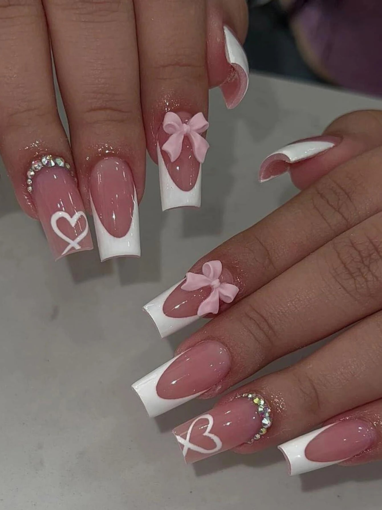 Artaug 24PCS Medium Press On Nails Stiletto Pink Bowknot French Trim Set