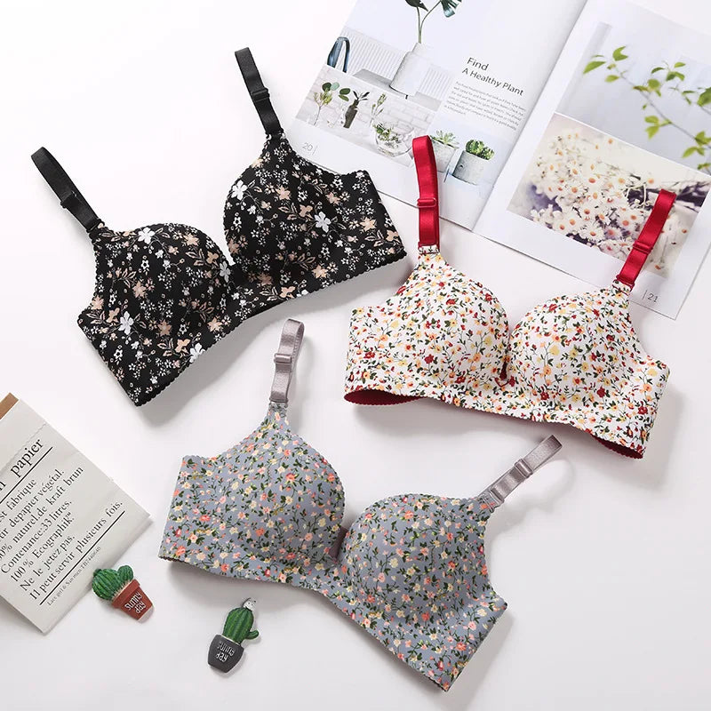 Women Floral Print Seamless Push Up Bra Wire Free Lingerie for All Seasons