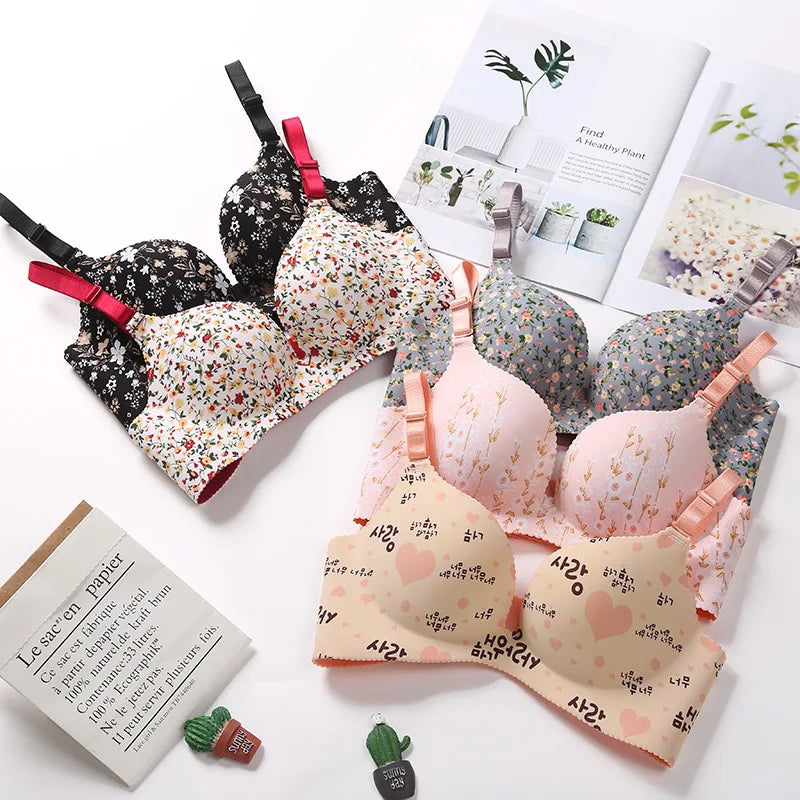 Women Floral Print Seamless Bra Wire Free Push Up Lingerie for All Seasons