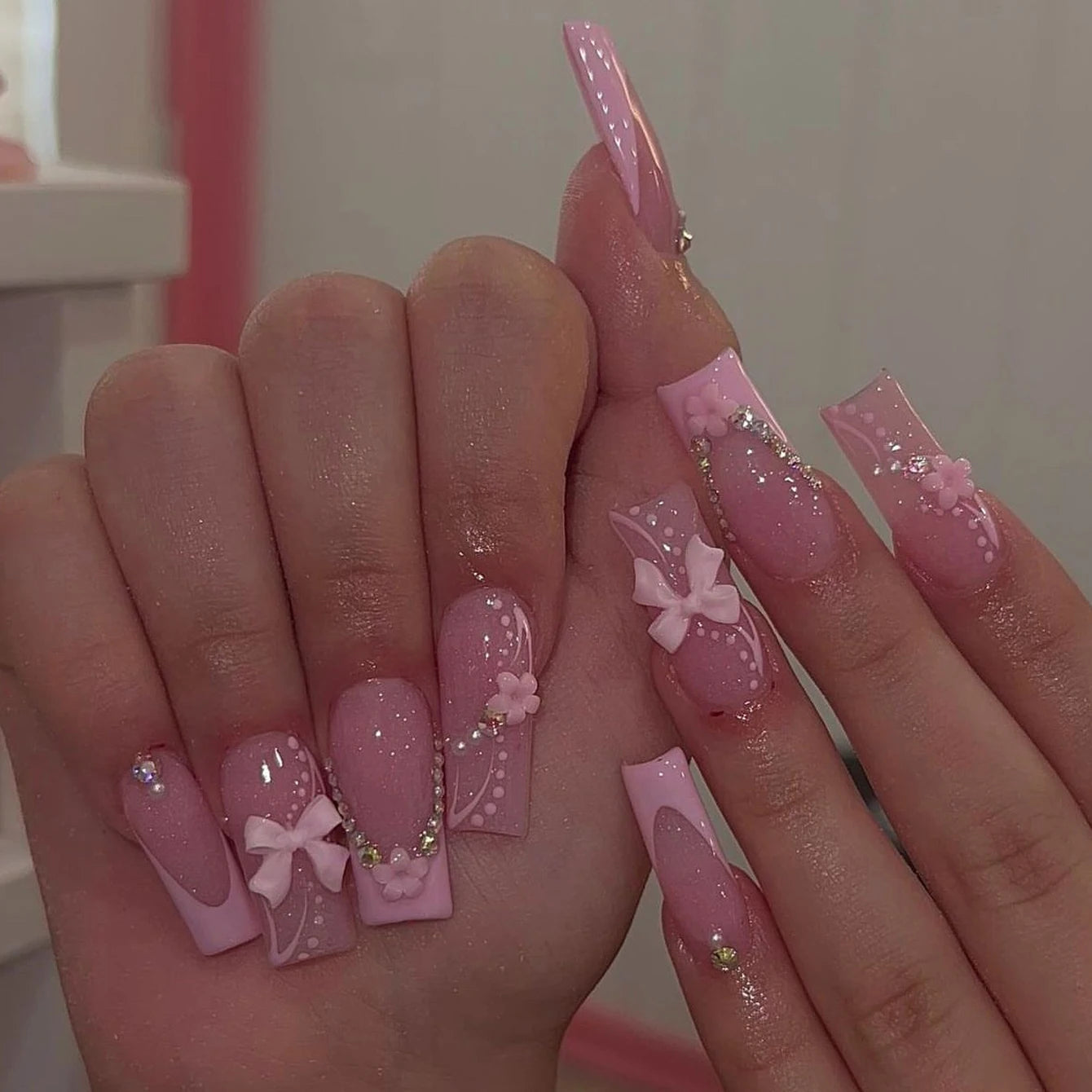 Artaug 24PCS Medium Press On Nails Stiletto Pink Bowknot French Trim Set