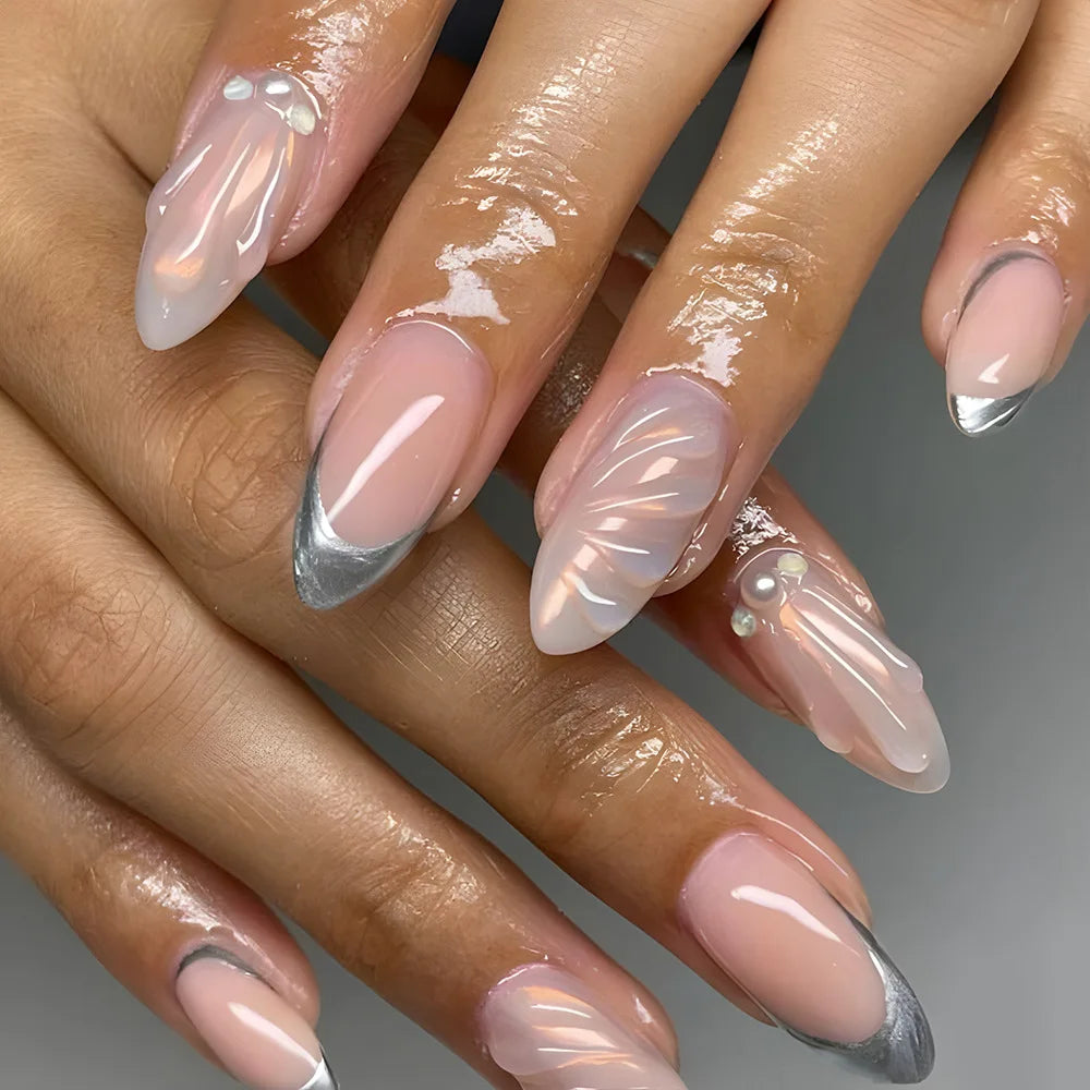 24Pcs Peach Blossom Press On Nails Cat's Eye Nude Glitter for Women and Girls