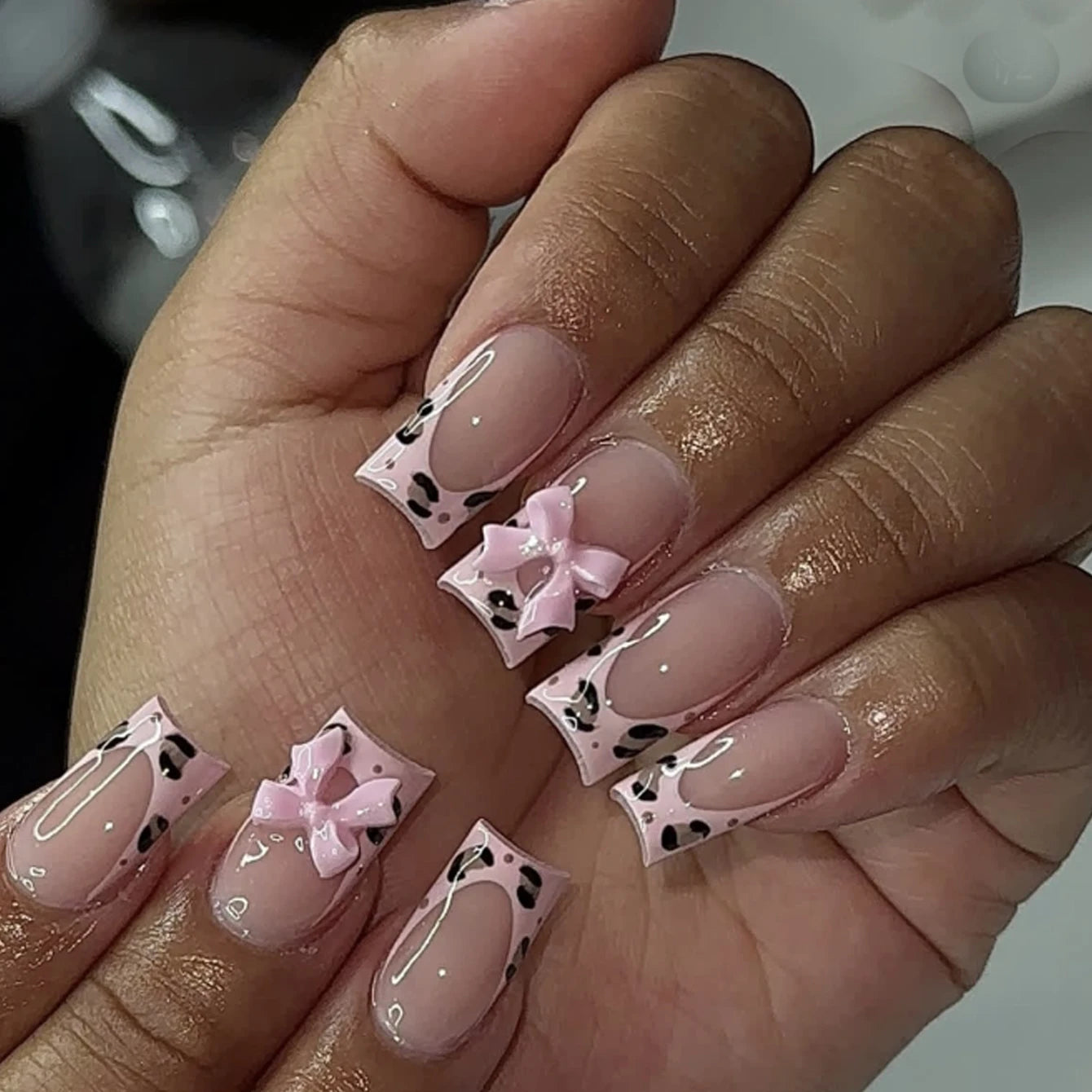Artaug 24PCS Medium Press On Nails Stiletto Pink Bowknot French Trim Set