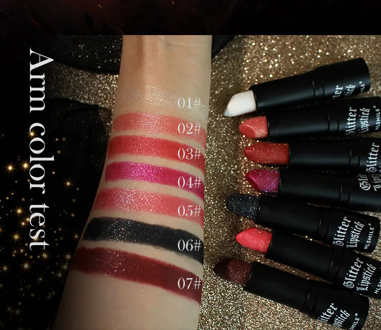 7 Colors Waterproof Glitter Lipstick Long Lasting Metallic Makeup for Women