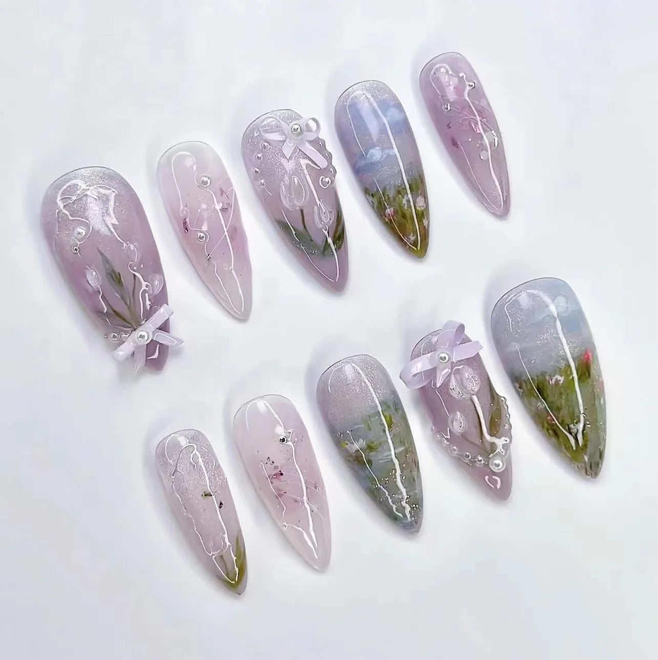 24Pcs Peach Blossom Press On Nails Cat's Eye Nude Glitter for Women and Girls