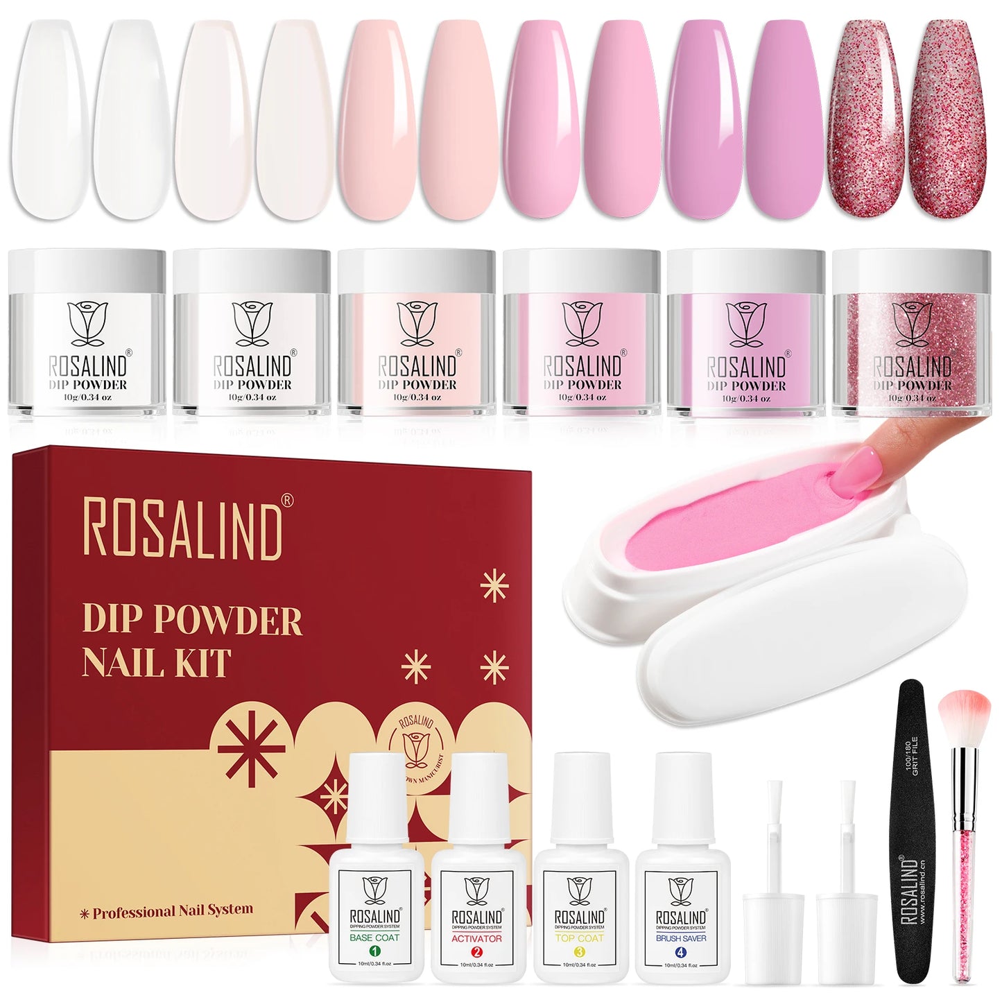 Rosalind 6 Colors Dip Powder Nail Kit With Base And Top Liquid Set For Dip Nails Starter Kit