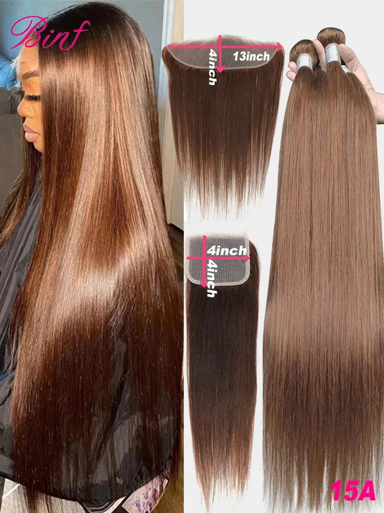 Wholesale Brown Straight Human Hair Bundles With HD Lace Closure