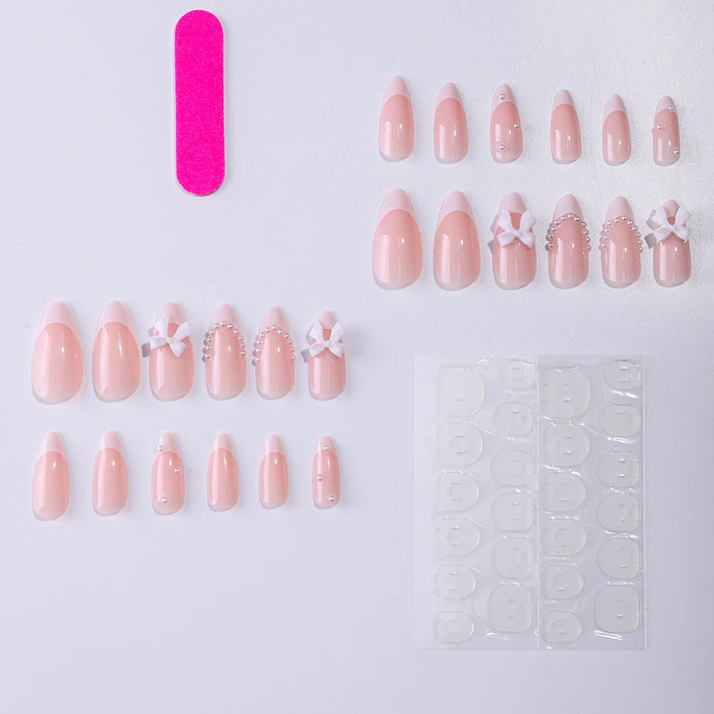 Artaug 24PCS Medium Press On Nails Stiletto Pink Bowknot French Trim Set