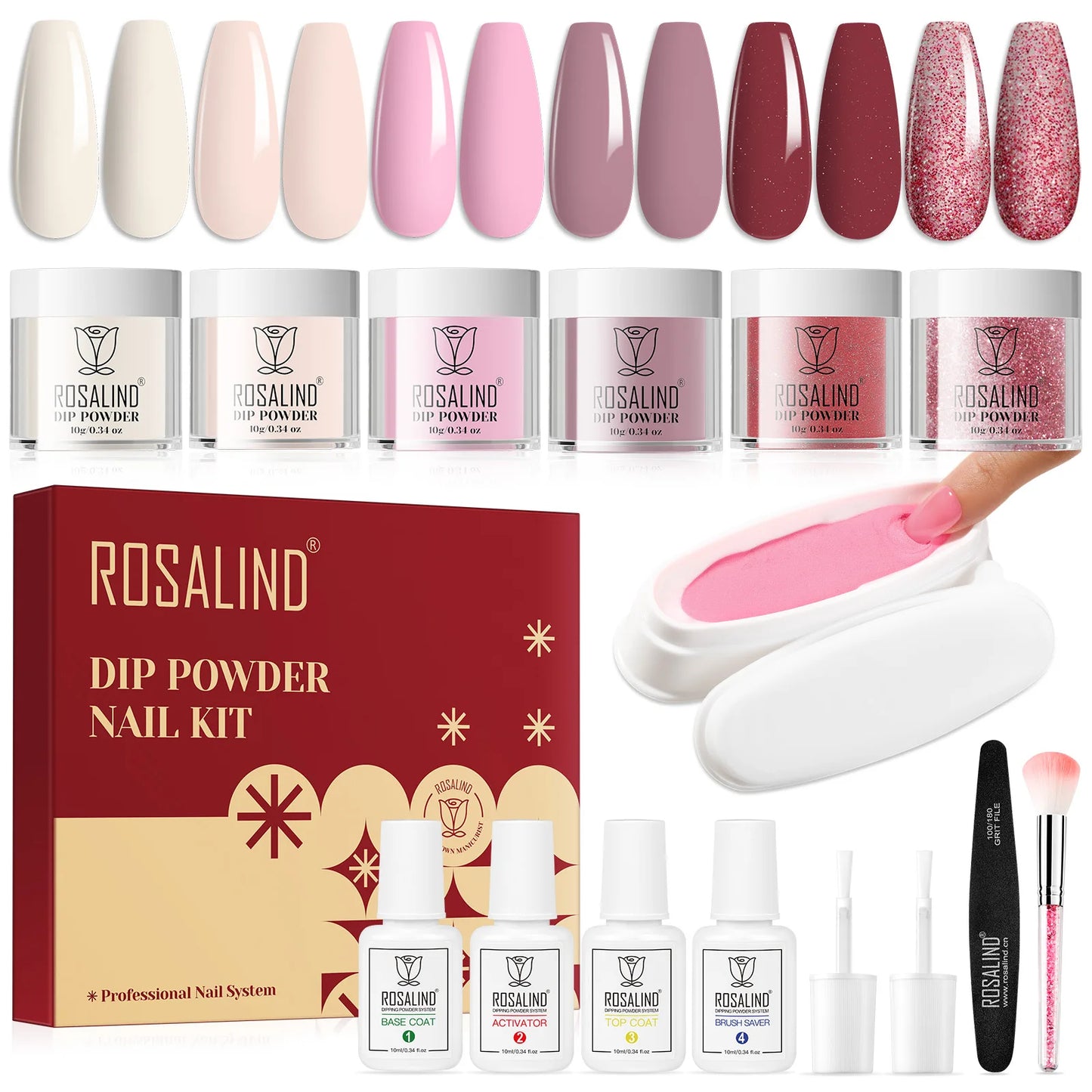 Rosalind 6 Colors Dip Powder Nail Kit With Base And Top Liquid Set For Dip Nails Starter Kit