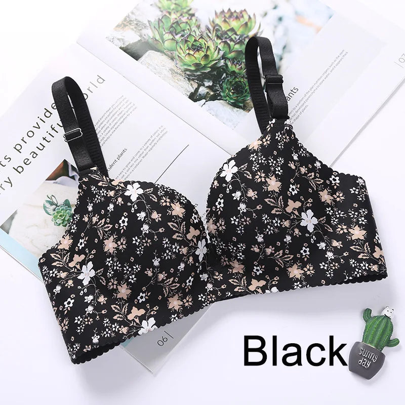 Women Floral Print Seamless Push Up Bra Wire Free Lingerie for All Seasons