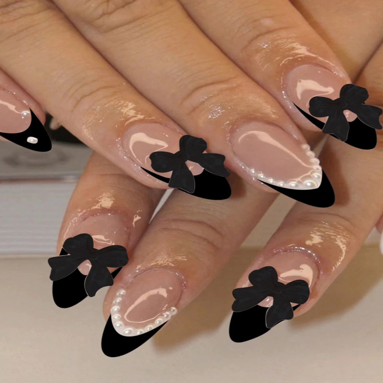 Artaug 24PCS Medium Press On Nails Stiletto Pink Bowknot French Trim Set