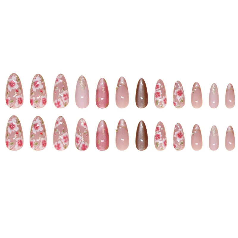 24Pcs Peach Blossom Press On Nails Cat's Eye Nude Glitter for Women and Girls