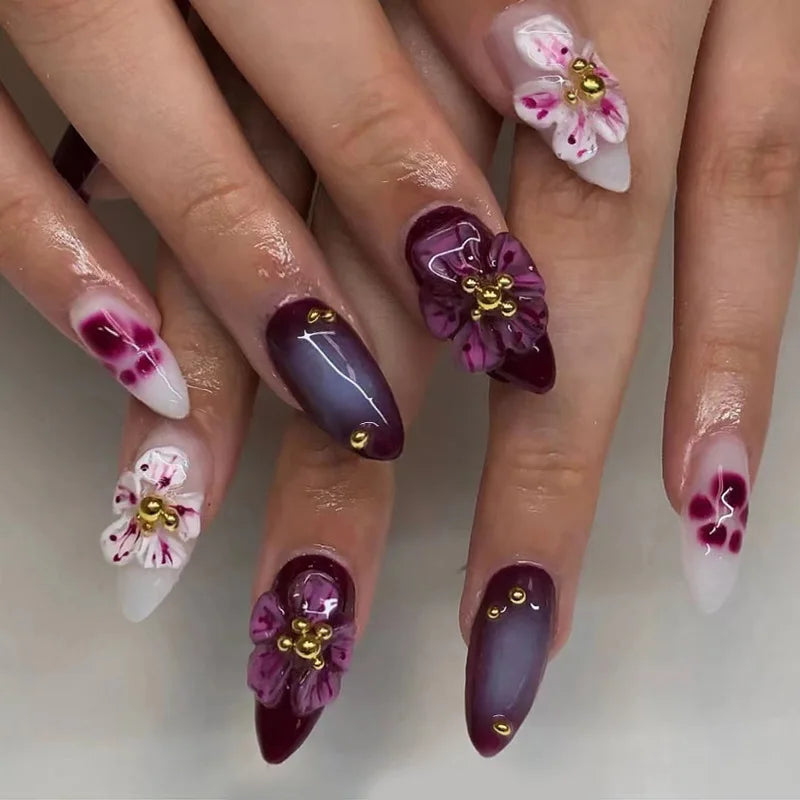 24Pcs Peach Blossom Press On Nails Cat's Eye Nude Glitter for Women and Girls