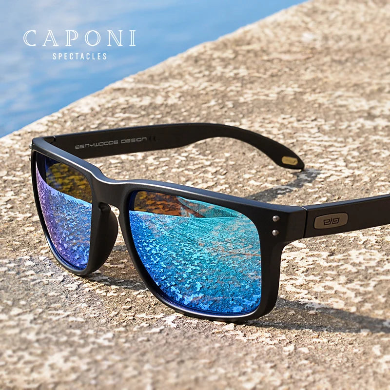 CaponI Blue Mirror Polarized Sunglasses for Men Vintage Square Frame Eyewear