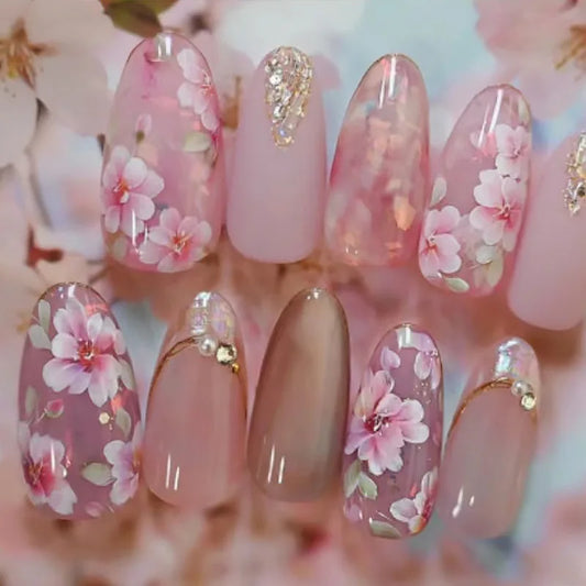 24Pcs Peach Blossom Press On Nails Cat's Eye Nude Glitter for Women and Girls