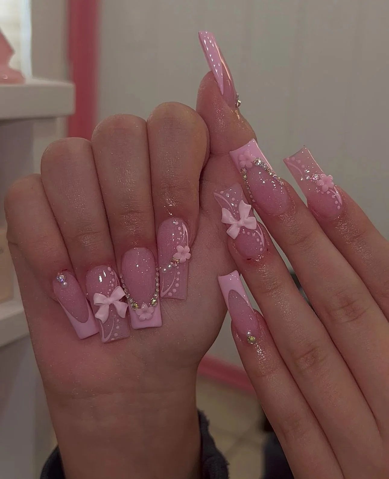 Artaug 24PCS Medium Press On Nails Stiletto Pink Bowknot French Trim Set
