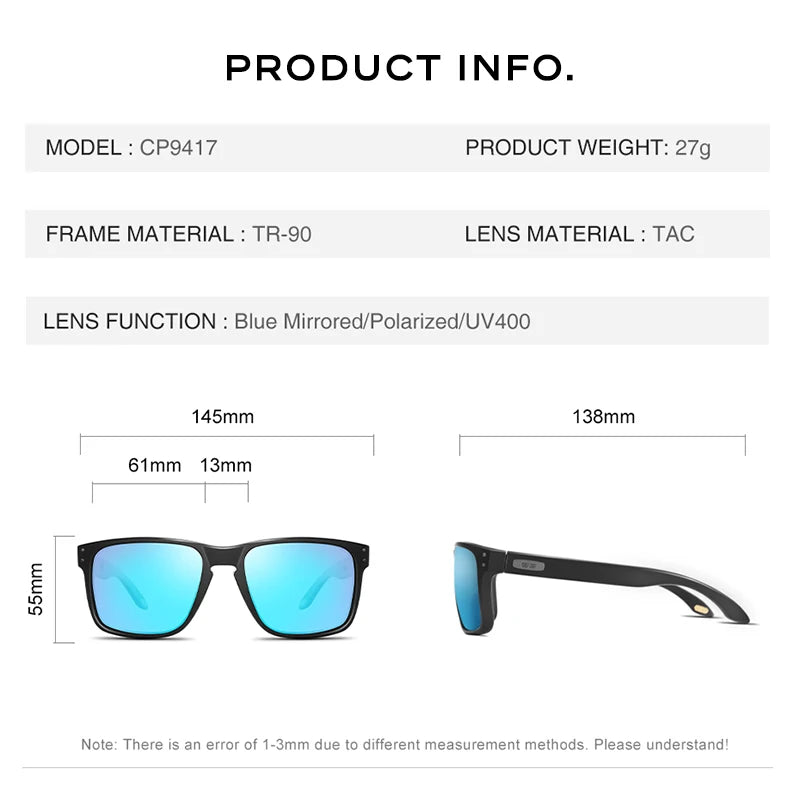 CaponI Blue Mirror Polarized Sunglasses for Men Vintage Square Frame Eyewear